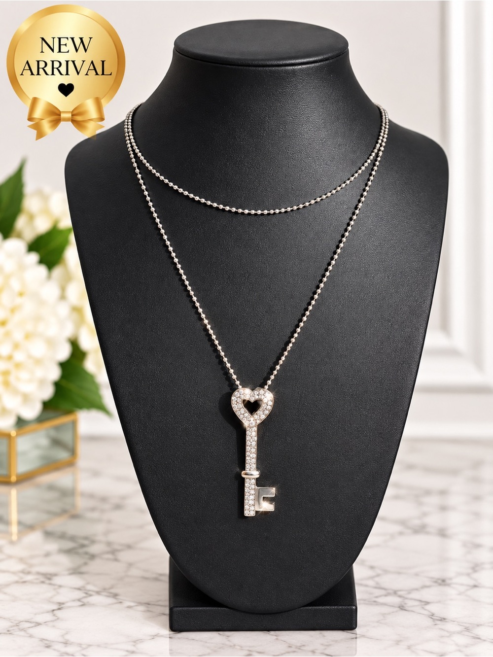 🗝️ Silver-Tone Crystal Key Pendant Necklace 🗝️